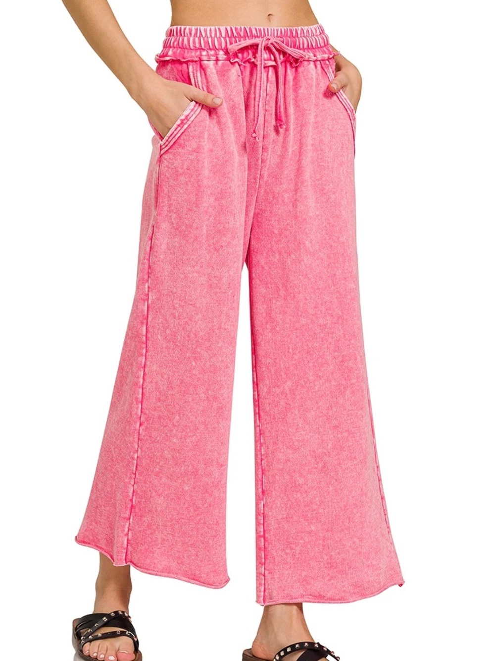 NWOT Zenana Acid Wash Cotton French Terry Wide Leg Pants Size L